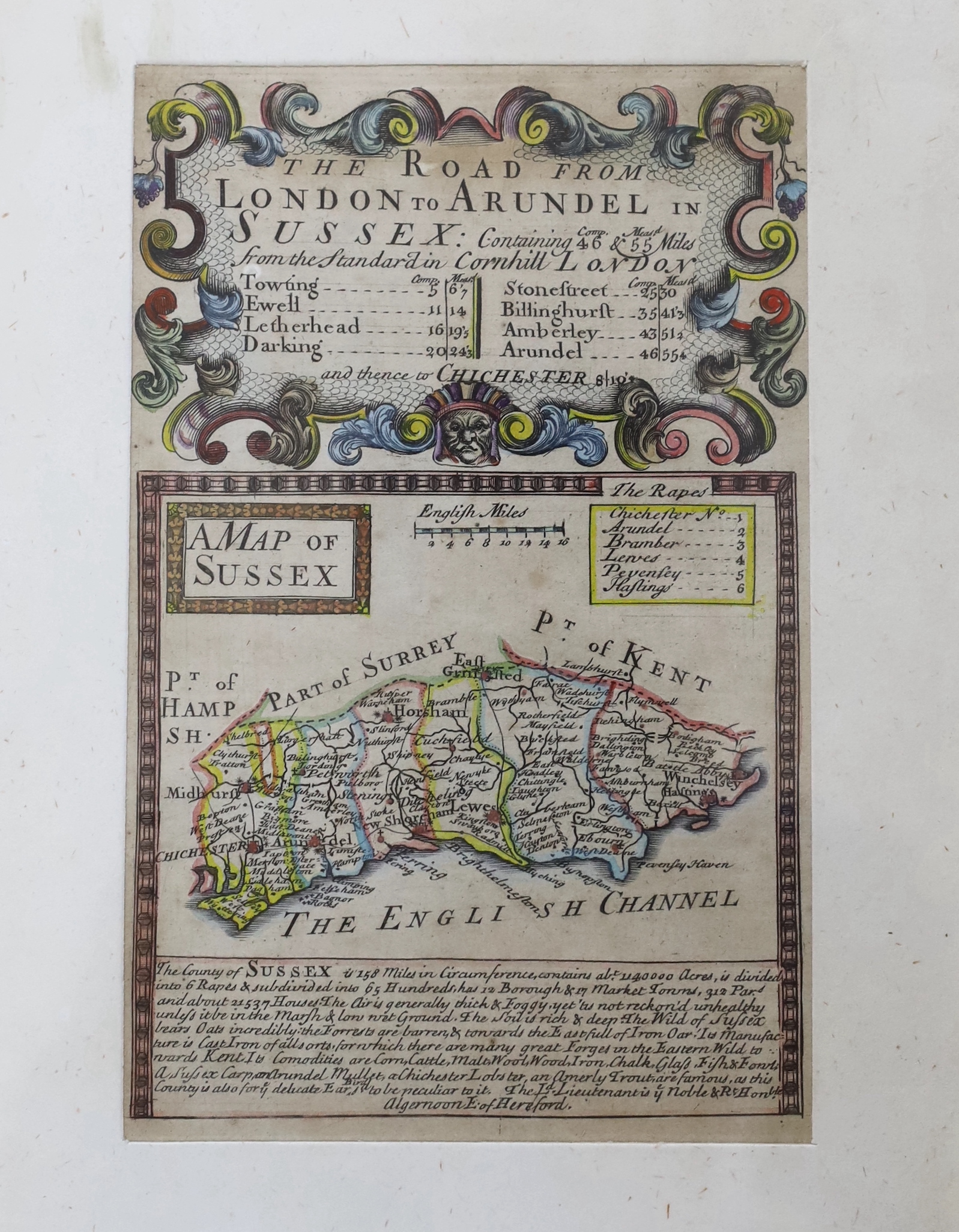 Two 18th/19th century maps comprising, Emanuel Bowen (1694-1767) The Road from London to Arundel in Sussex, hand coloured and The Rape of Arundel, 1819, 42 x 27cm